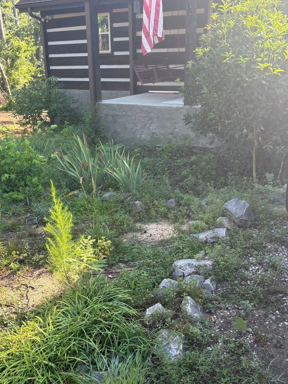 Log cabin entrance with flag, surrounded by lush greenery and rocky path.
